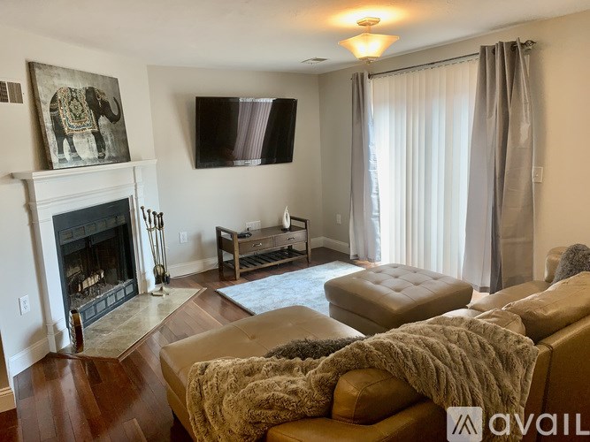 A living room with a fireplace, a couch, and a television.