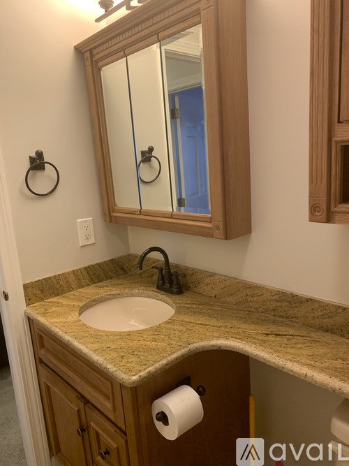 A bathroom with a sink and mirror.