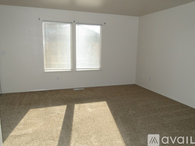 A room with carpeted floor and two windows with blinds.