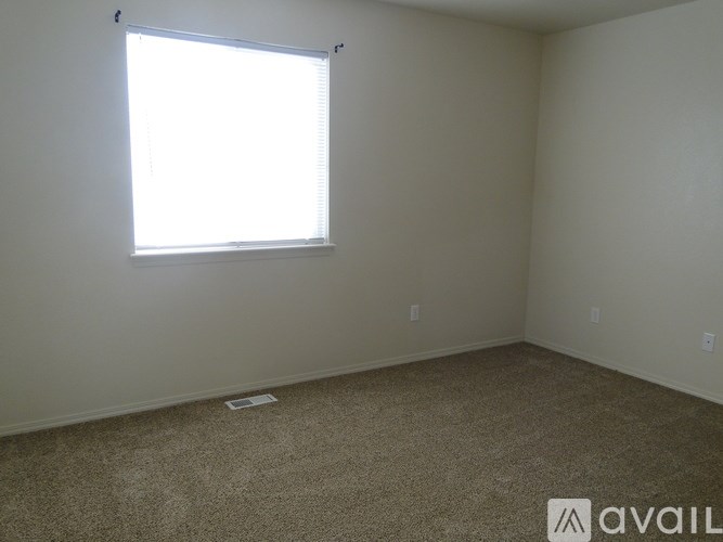 A room with a carpeted floor and a window.