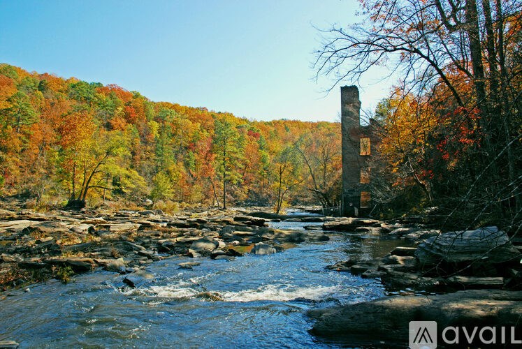 A river flows through a forest with a tall brick chimney in the background.