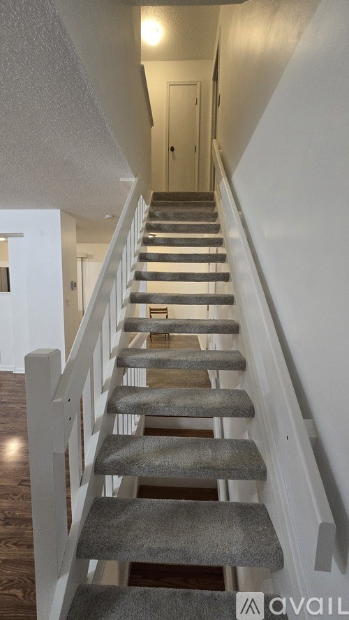 A staircase with a carpeted runner and wooden steps.