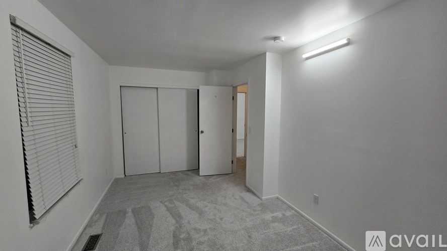 A room with a carpeted floor, two closets, and a window with blinds.