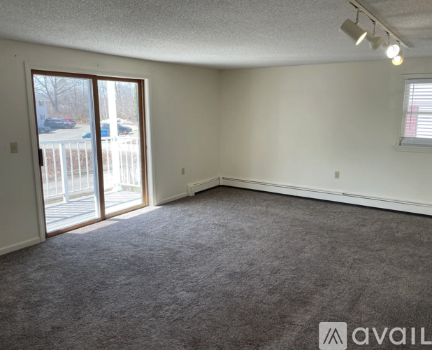 A room with grey carpet and a window with blinds.
