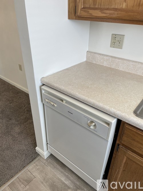A dishwasher is built into a kitchen counter.