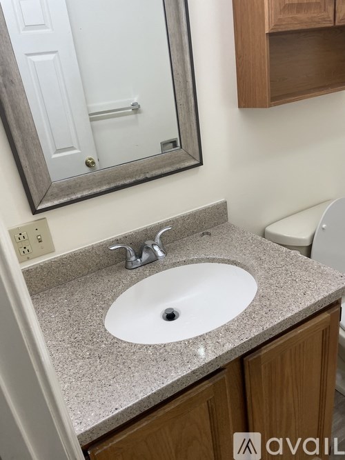 A bathroom with a sink and mirror.