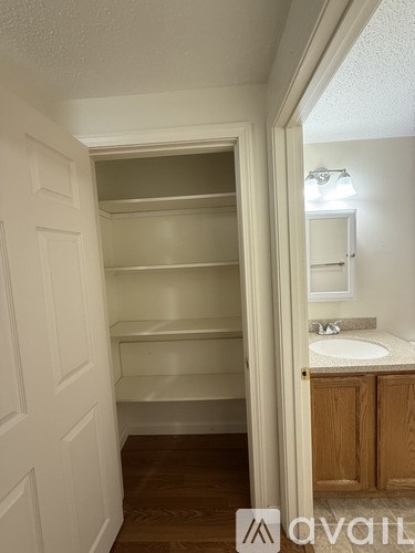 A white door is open to a bathroom with a sink and wooden cabinets.