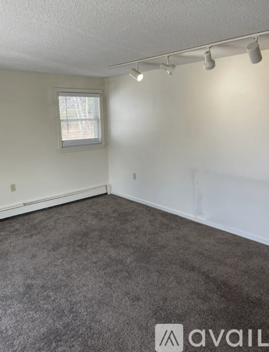 A room with grey carpet and a window.