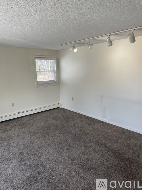 A room with grey carpet and a window.