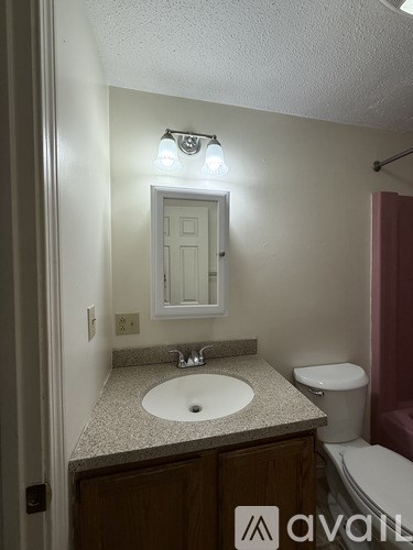 A bathroom with a sink, mirror, and toilet.