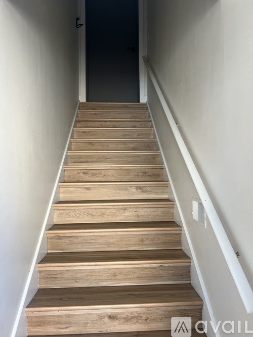A set of wooden stairs leading to a dark door.