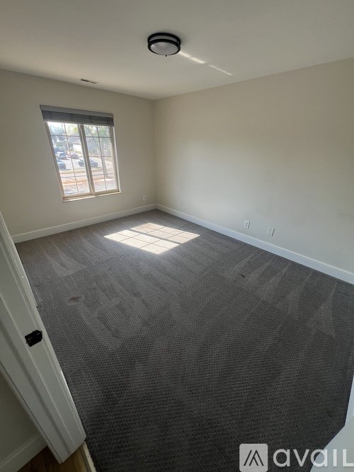 A room with a grey carpet and a window letting in sunlight.