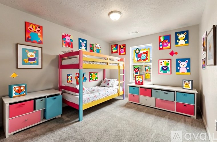 A child's bedroom with a bunk bed and a dresser.