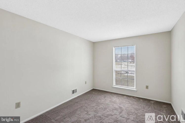 A room with a carpeted floor and a window showing a parking lot outside.