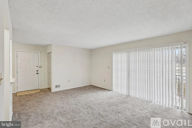 A room with white walls and carpeting, a door, and a window with blinds.