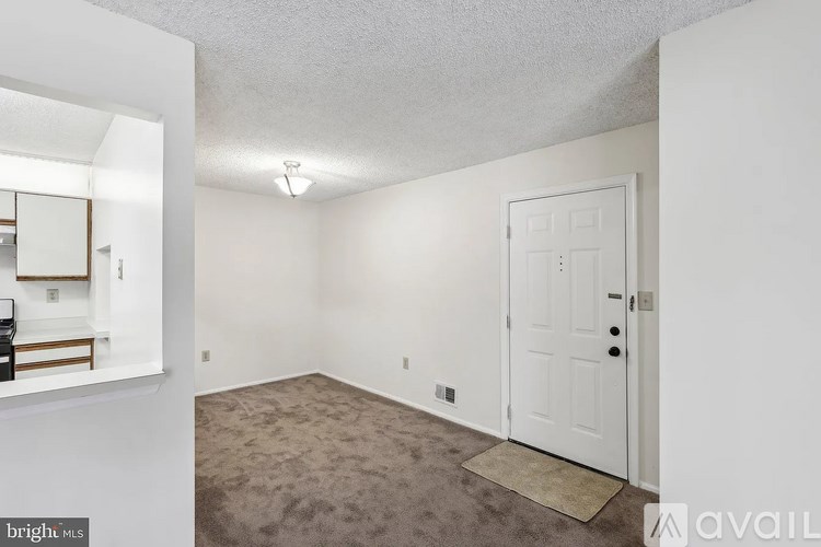 A room with a white door and carpeted floor.