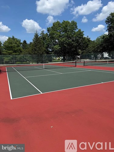 A tennis court with a net and trees in the background.