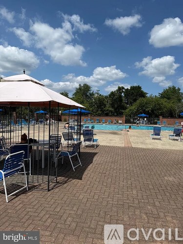 A pool area with chairs and a canopy.