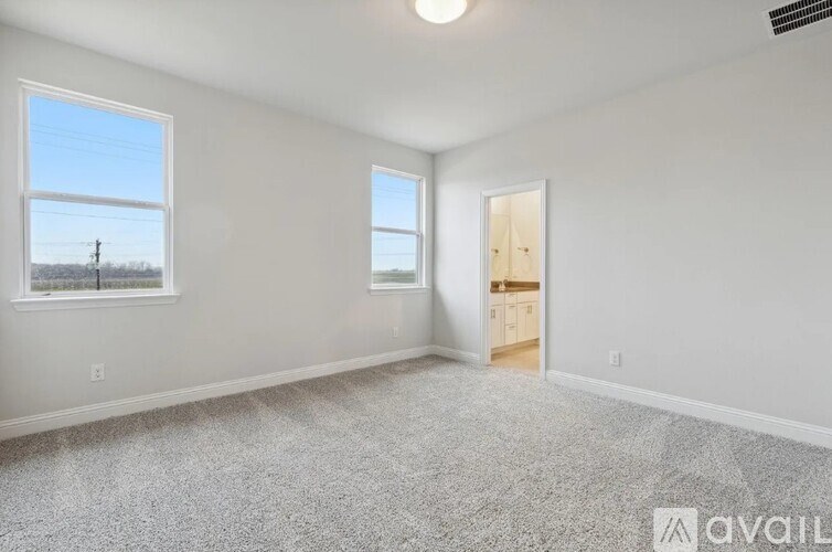 A room with a carpeted floor, two windows, and a door leading to another room.