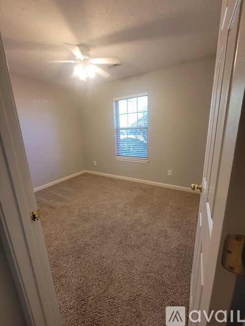 A room with a carpeted floor and a ceiling fan.