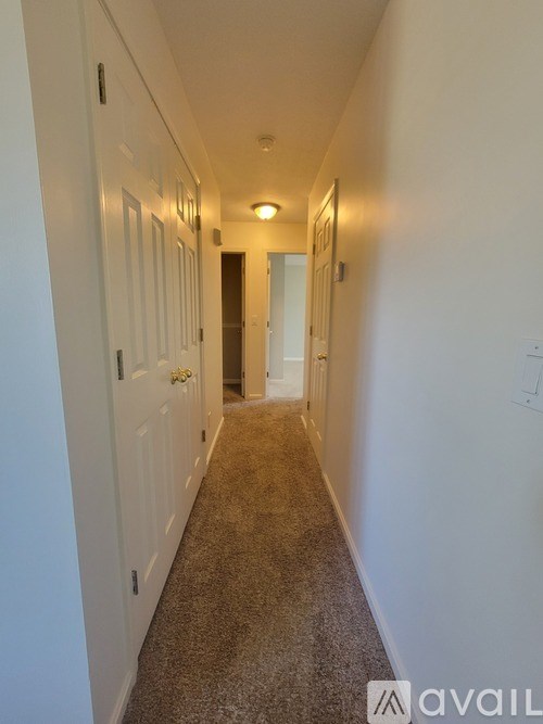A long hallway with white doors and carpeted floor.