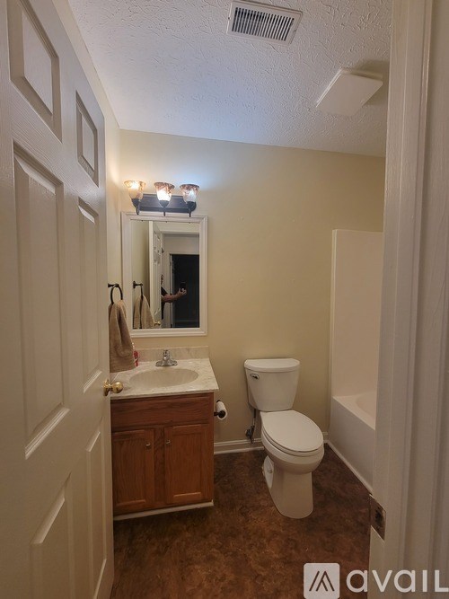A bathroom with a toilet, sink, mirror, and wooden cabinet.