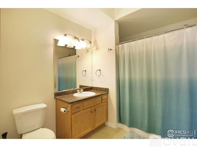 A bathroom with a toilet, sink, mirror, and shower curtain.