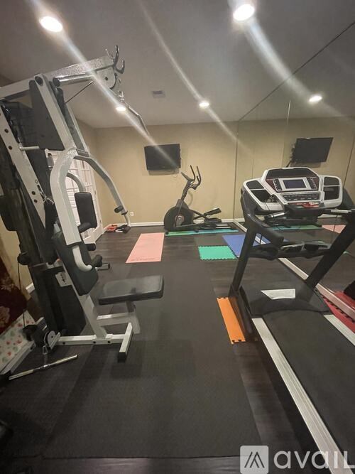 A gym with a treadmill, weights, and exercise equipment.