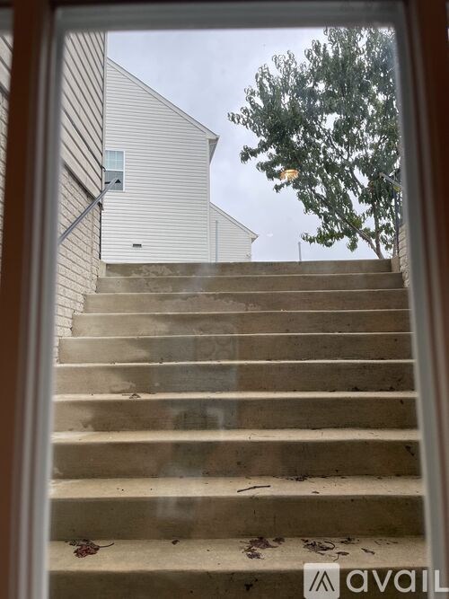 A set of stairs leading up to a building with a tree in the background.