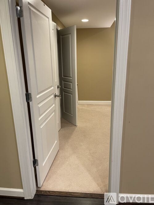A hallway with a white door and a carpeted floor.