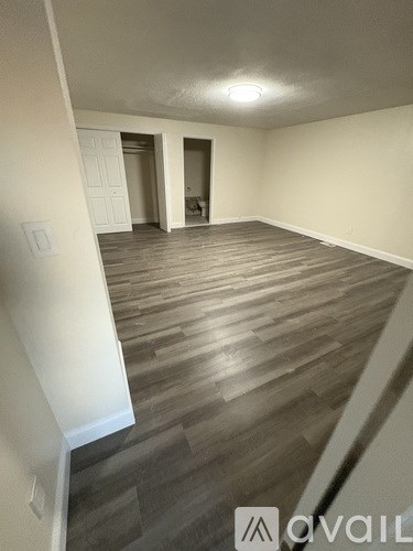 A room with wooden flooring and a dog in the background.