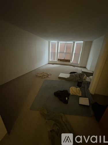 A room with a rug, a bag, and a pair of shoes on the floor.