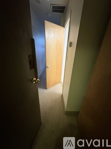 A hallway with a door on the left and a wall on the right.
