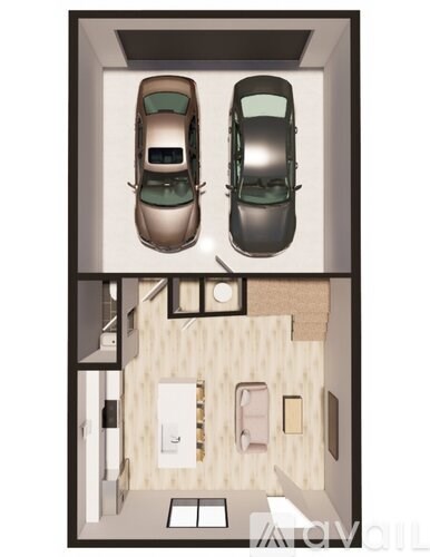 Two cars are parked in a garage.