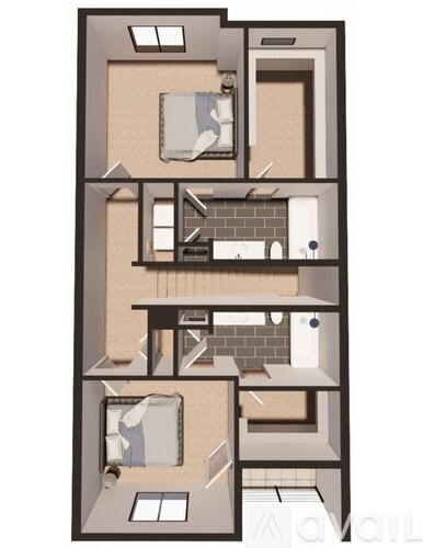 A floor plan of a small apartment with a kitchen, living room, and two bedrooms.