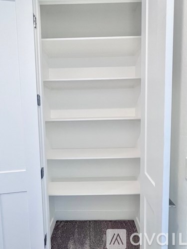 Empty white shelves in a white closet.