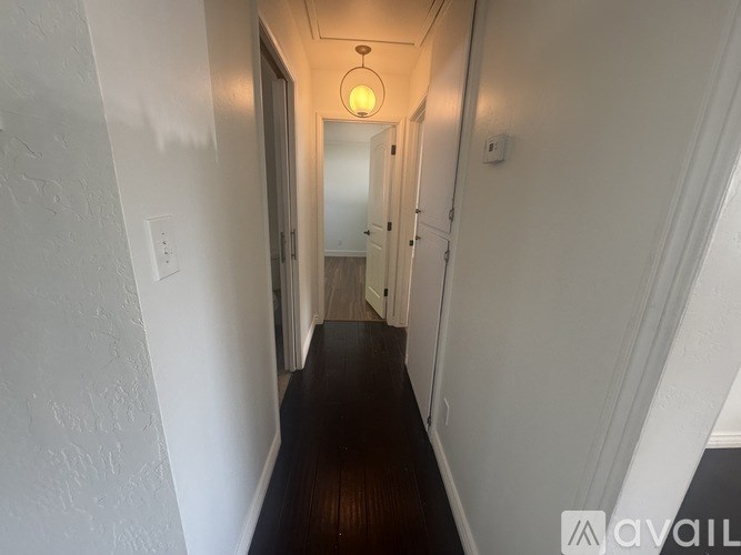 A hallway with a light on the ceiling and a door at the end.