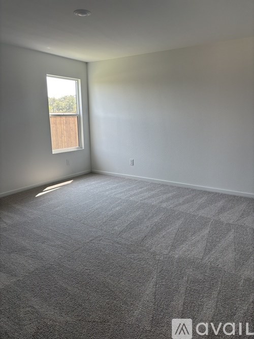 A room with a carpeted floor and a window.