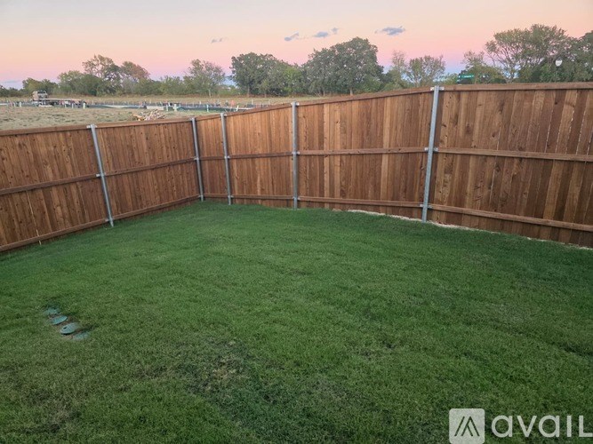 A backyard with a wooden fence and green grass.