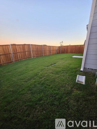 A backyard with a wooden fence and a green lawn.