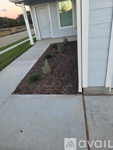 A white house with a white door and window, a small garden with plants and mulch, and a concrete walkway.