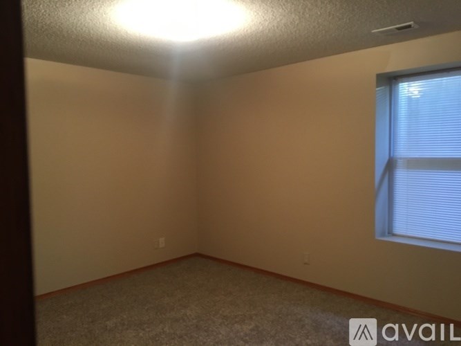 A room with a window and a carpeted floor.