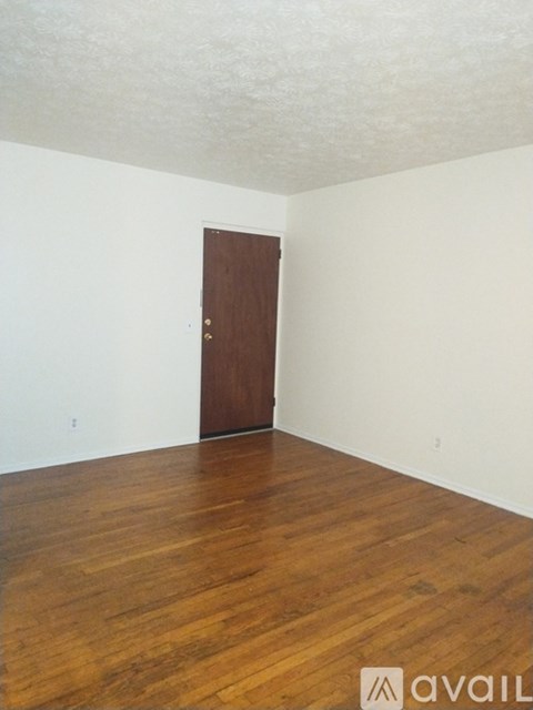 A room with a wooden floor and a brown door.