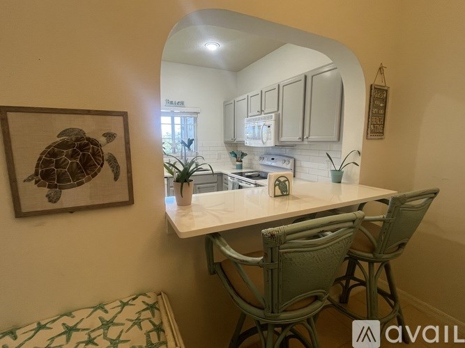 A kitchen area with a white table and chairs, a turtle picture on the wall, and a view of the kitchen through an archway.