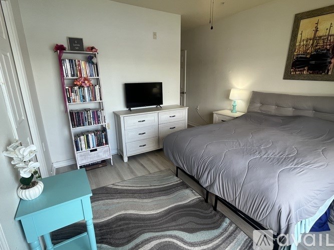 A bedroom with a bed, a television, a bookshelf, and a nightstand.