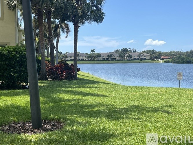A grassy area with a tree and a body of water in the background.