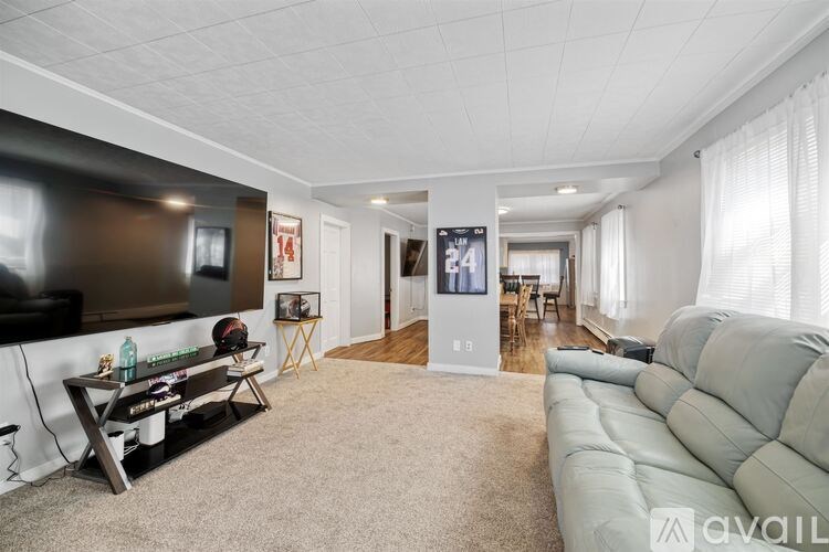 A living room with a grey couch and a black television.