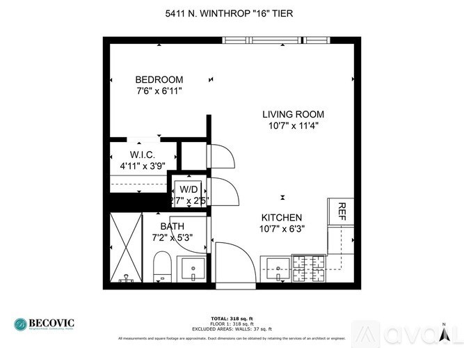 A floor plan for a 5411 N. Winthrop "16" Tier apartment, showing a bedroom, living room, kitchen, bath, and a workspace.