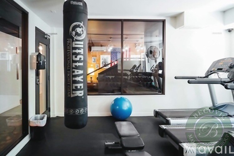 A gym with a black floor and a blue ball.