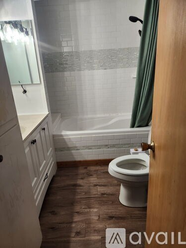 A bathroom with a toilet, a bathtub, and a wooden door.